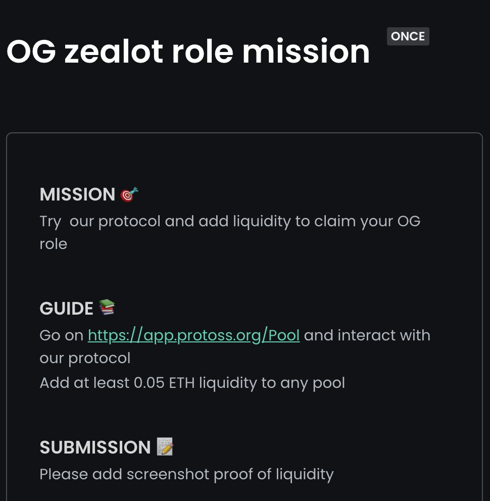 🎉 Our First #OG has conquered the Zealy Task and earned the OG role🏆

🔥 By adding just 0.05 ETH liquidity, you'll not only qualify for claiming the OG role but also unlock exclusive perks and rewards

Join now ! 👇
zealy.io/c/protoss/ques…

 #Web3 #Protoss #Starknet #DEX