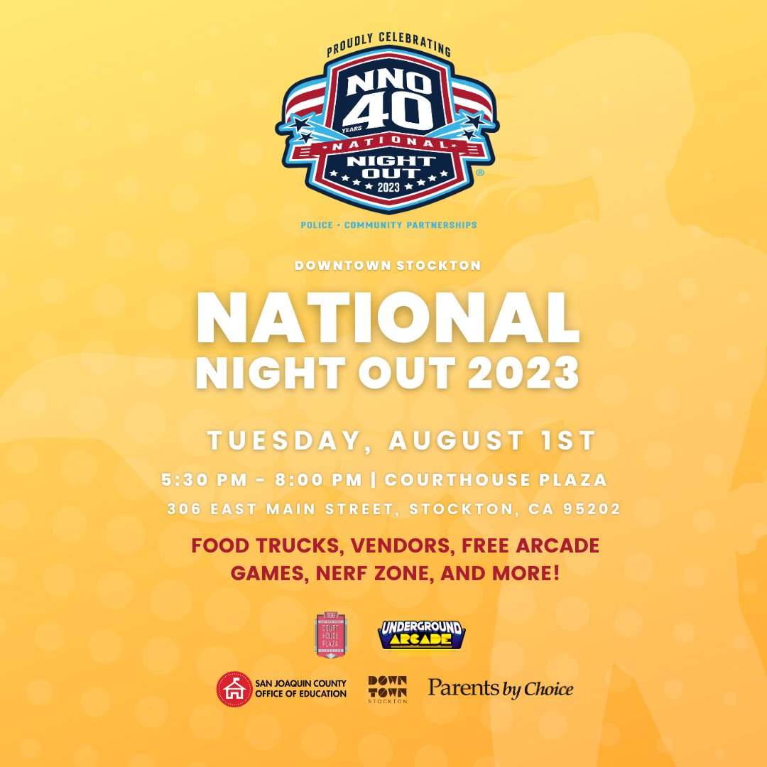 National Night Out is Tuesday, August 1st (5:30pm - 8pm) at the Courthouse Plaza. There will be food trucks, vendors, free arcade games, a nerf zone, and more!

Courthouse Plaza:
306 East Main Street, Stockton, CA 95202

#downtownstockton #stocktonca #nationalnightout