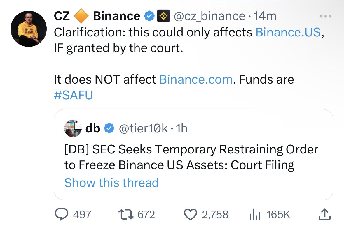 CZ clarified that the SEC freeze on binance US assets does not affect binance(dot)com