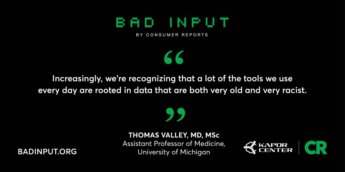KaporCenter's tweet image. What happens when a device to measure blood oxygen levels is less accurate for people with darker skin? Learn more about #algorithmicbias in healthcare and how it can lead to disparities at BADINPUT.ORG. #BADINPUT by @ConsumerReports in partnership w/ Kapor Foundation
