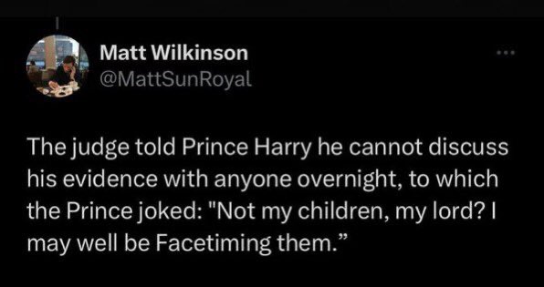 Myopiniono91808's tweet photo. How arrogant! Was that comment just to catch everyone’s ear who has questioned that fact that there may not be ANY CHILDREN? He really does think he’s a smart a$$. Keep going H, you may get charged with contempt this week. 
#harryincourt #HarryisaTraitor #HarryonTrial #HarryTrial https://t.co/pYRYmhoGCO