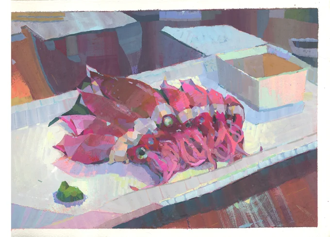 Latest gouache piece! 8.5 x 11. Yummy Hotaru Ika.