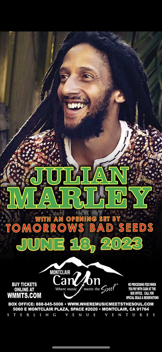 JulianMarley's tweet photo. Greetings People,
Catch myself and the uprising live at the @CanyonMontclair 6.18 as part of our 2023 California Tour, bringing you reggae classic, music from my catalogue and new music from my new album #colorsofroyal 
Peace Love &amp; Reggae Music. https://t.co/tdc4JIw9xC