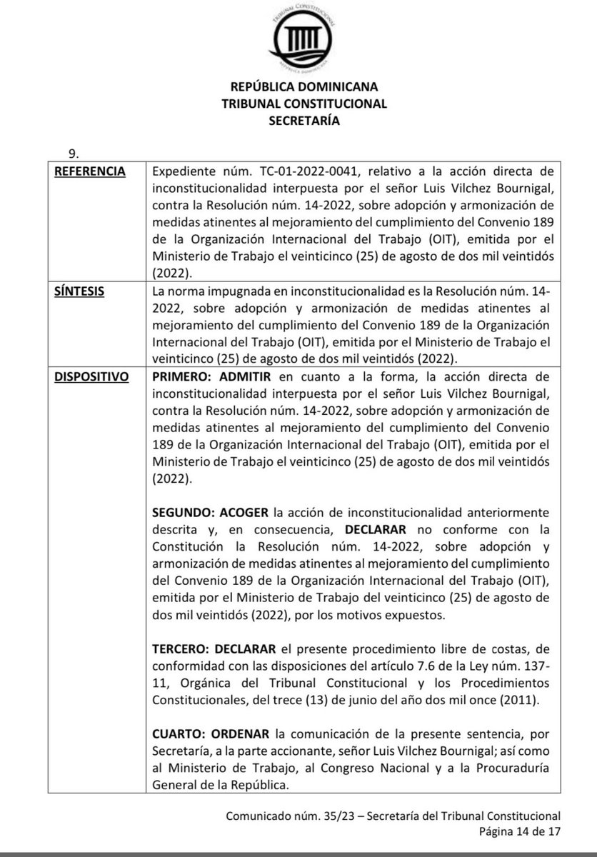 Último minuto. @<a href="/TribunalConstRD/">TCRD</a> declara inconstitucional resolución ministerio trabajo sobre trabajo doméstico. Lo advertí desde que salió . Inconstitucional e ilegal.