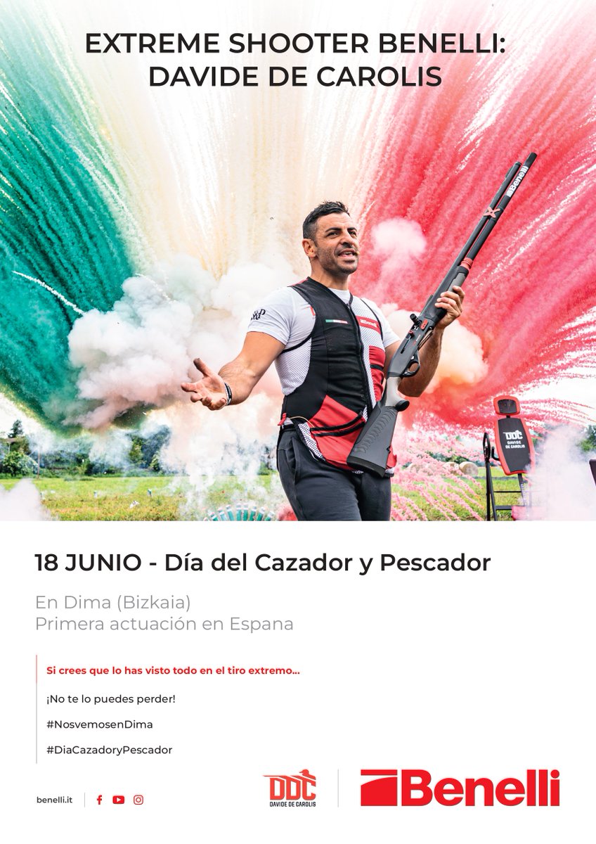 ADECAP_Caza's tweet photo. Un orgullo poder anunciar que el tirador Davide De Carolis de BENELLI, realizará su 1ª exhibición en España el 18-6-23 en el DIA DEL CAZADOR Y PESCADOR 
SI CREES QUE LO HAS VISTO TODO EN EL TIRO EXTREMO. ¡ESTAS EQUIVOCADO!
#sialacaza #sialapesca #sialmundorural #nosvemosenDima https://t.co/Bpr3h99BFA
