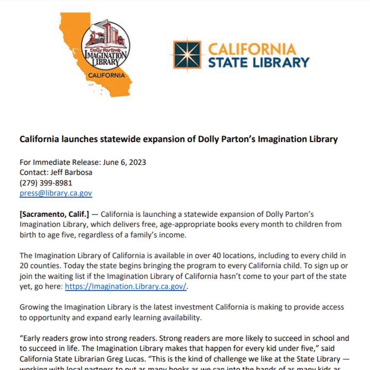 BREAKING: California is launching a statewide expansion of Dolly Parton’s Imagination Library, which delivers free, age-appropriate books monthly to children from birth to age five, regardless of a family’s income.

Full release: library.ca.gov/wp-content/upl…
<a href="/dollyslibrary/">Imagination Library</a> <a href="/CAgovernor/">Governor Gavin Newsom</a>