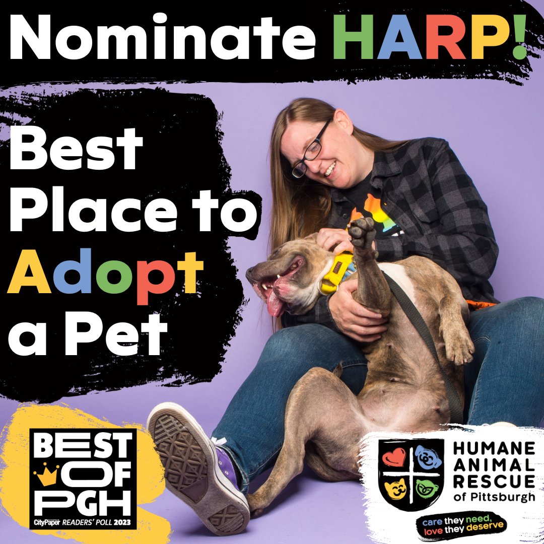 HARPSavesLives's tweet image. BEST OF PITTSBURGH 2023  💛 ⭐ Nominate us for &quot;Best Place to Adopt a Pet!&quot; for this year&apos;s @PGHCityPaper best of the best! ❤️ 💙 💛 💚  
Nominate us here: bit.ly/3MUSRhP
#adoptyinz #adoptlocal #pittsburgh #sheltercats #shelterdogs #rescuecats #pgh #pghcitypaper