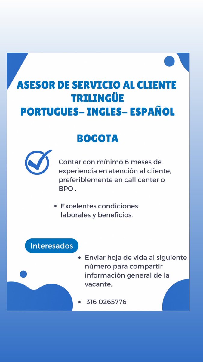 LuiCastrillon's tweet photo. #ofertaempleo #trilingues #Bogota #Trabajosihay https://t.co/LJ3EEslPYZ
