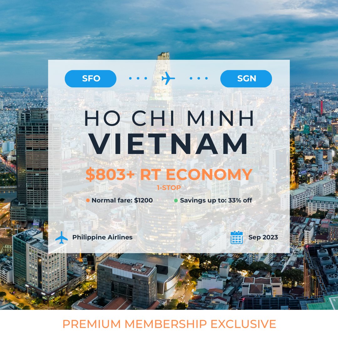 ✈️ San Francisco to Ho Chi Minh City, Vietnam - $803+ Round Trip Economy, 1-Stop (Sep 2023) ✈️

See the deal when you sign up for free at 👉 oneair.ai
🔗 Deal details: app.oneair.ai/app/deals/deta…

#airfare #travel #hochiminh #vietnam #sanfrancisco #cheapflights