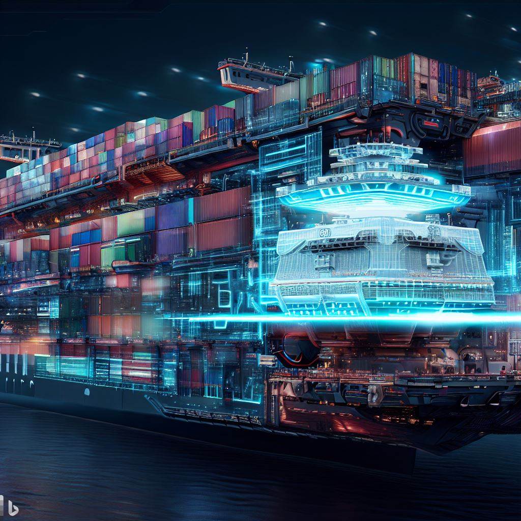 intradecustoms's tweet photo. Le preguntamos a una #IA cómo serían los portacontenedores del futuro y esto creó... 🏗️ 😍📦 🚢 https://t.co/mBX7OZl8JP