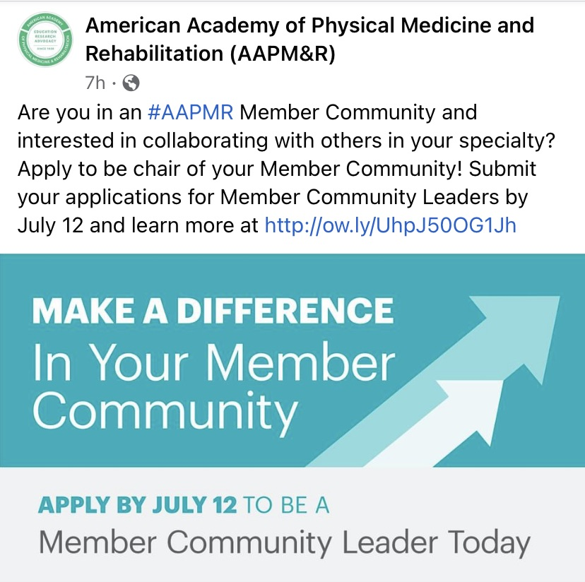 It is time to recruit my replacement :)  Please consider running for Chair of the Inpatient Rehab Member Community.  It's a great opportunity to interact with and learn from other inpatient rehab docs.  #aapmr #physiatry  Info at ow.ly/Uhpj50OG1Jh