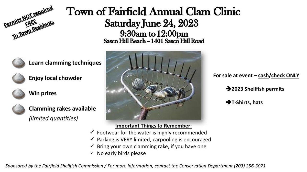 MRWC_Fairfield's tweet photo. Join our friends from the Fairfield Shellfish Commission for this year's Clam Clinic on Saturday, June 24, 2023 at Sasco Hill Beach. Always such a great event for the whole family.

#FairfieldCT #clammingseason #ClamClinic https://t.co/vD6zbAsawI