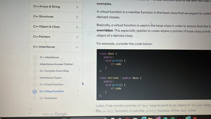 PeterDrivas2's tweet photo. Peter Drivas Property Manager - Day 27 of #100DaysOfCode 

Learning virtual functions, pure virtual functions and abstract class in C++ from @geeksforgeeks
 and @programiz https://t.co/gslgFYgCtE
