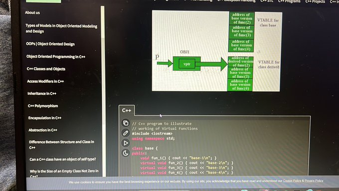 PeterDrivas2's tweet photo. Peter Drivas Property Manager - Day 27 of #100DaysOfCode 

Learning virtual functions, pure virtual functions and abstract class in C++ from @geeksforgeeks
 and @programiz https://t.co/gslgFYgCtE
