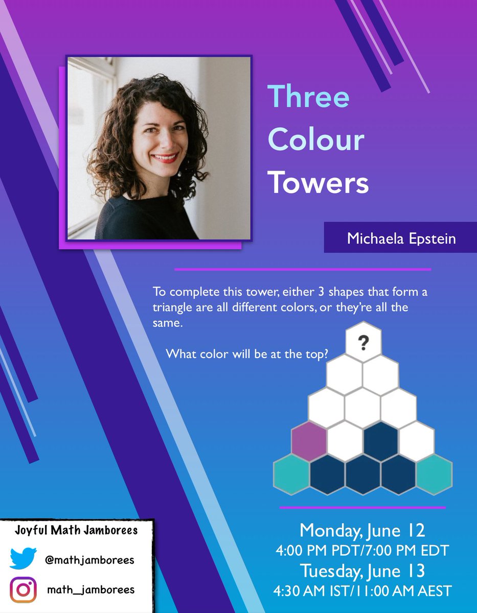 Joyful Math Jamborees (@mathjamborees) on Twitter photo The very first JMJ of the year will be the fantastic <a href="/mic_epstein/">Michaela Epstein</a>, presenting โThree Colour Towersโ on Monday, June 12, 4pm PT/7pm ET!! This is going to a lot of fun! All are welcome!
<a href="/jamestanton/">James Tanton</a> <a href="/ejmgerber/">Elizabeth Gerber</a>
Registration: docs.google.com/forms/d/e/1FAIโฆ The very first JMJ of the year will be the fantastic <a href="/mic_epstein/">Michaela Epstein</a>, presenting โThree Colour Towersโ on Monday, June 12, 4pm PT/7pm ET!! This is going to a lot of fun! All are welcome!
<a href="/jamestanton/">James Tanton</a> <a href="/ejmgerber/">Elizabeth Gerber</a>
Registration: docs.google.com/forms/d/e/1FAIโฆ