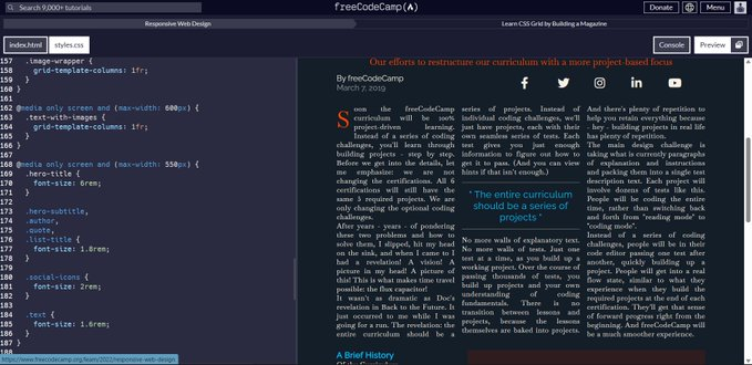 PeterDrivas2's tweet photo. Peter Drivas Day 28 of #100DaysOfCode:  CSS: - Learned CSS variables by building a magazine layout on @freeCodeCamp
Continuing to expand my skills! Though I didn't fully grasp CSS grid, I'll delve deeper in the future few more days to complete this certification! #css #webdev https://t.co/894NToouVY