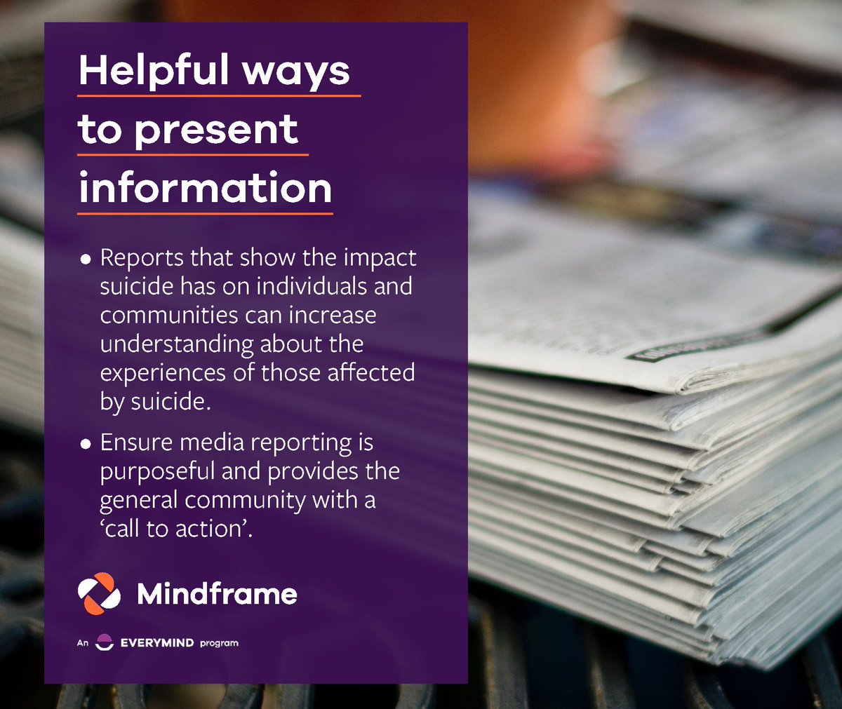 #Ausmedia plays an important role in sharing &amp; reinforcing social attitudes towards people with a lived and living experience of suicide or mental health concerns. Mindframe helps reporters communicate safely while fostering community understanding. More: bit.ly/3oxJa0Z