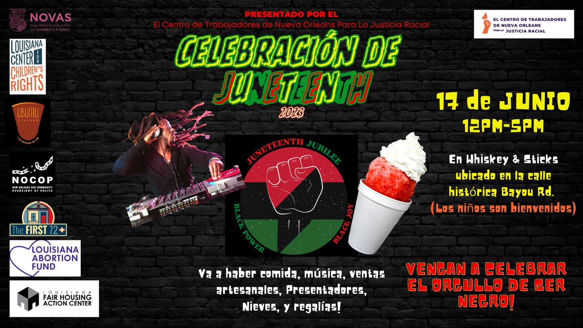 Celebrate FREEDOM and UNITY at our Juneteenth Jubilee Event! Join us as we commemorate the emancipation of enslaved African Americans!
<a href="/nola_voices/">New Orleans Voices for Accountability and Safety</a>
<a href="/LAKidsRights/">Louisiana Center for Children's Rights</a>
<a href="/FairHousingLA/">Louisiana Fair Housing Action Center</a>
<a href="/UbuntuNola/">Ubuntu Village Nola</a> 
@NolaAbortionFnd
<a href="/First72Plus/">The First 72+</a>