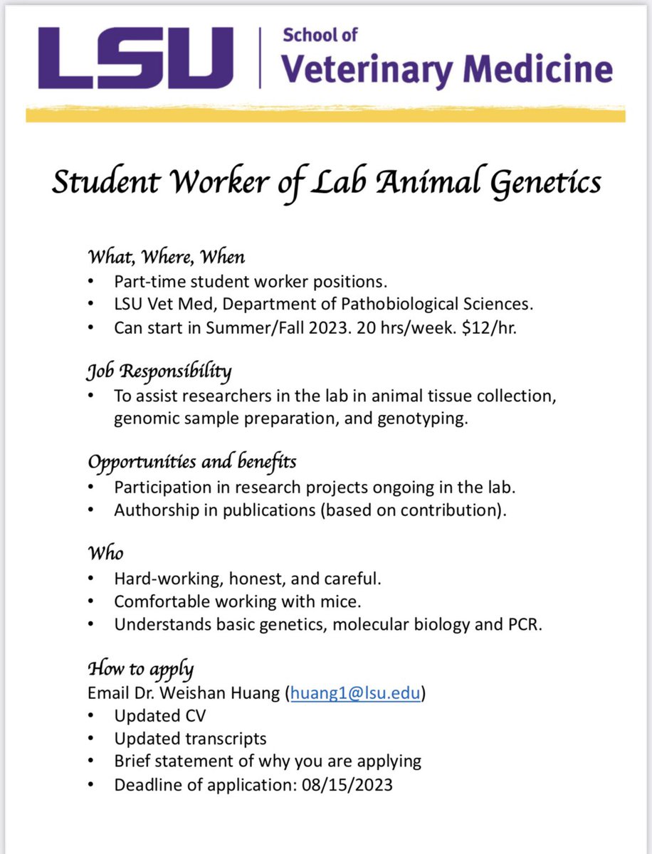 WeishanHuang's tweet image. Huang lab at LSU Vet Med is looking for 1-2 student workers to help with lab animal genetics work. @LSUVetMed @LSU_BioSci