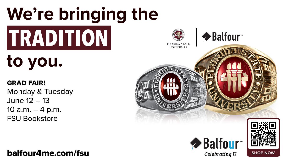 Join the tradition and order your Florida State University class ring! Show your school spirit and carry a piece of FSU with you wherever you go. Order now for guaranteed graduation delivery. Balfour Representatives will be available at the Grad Fair for questions.