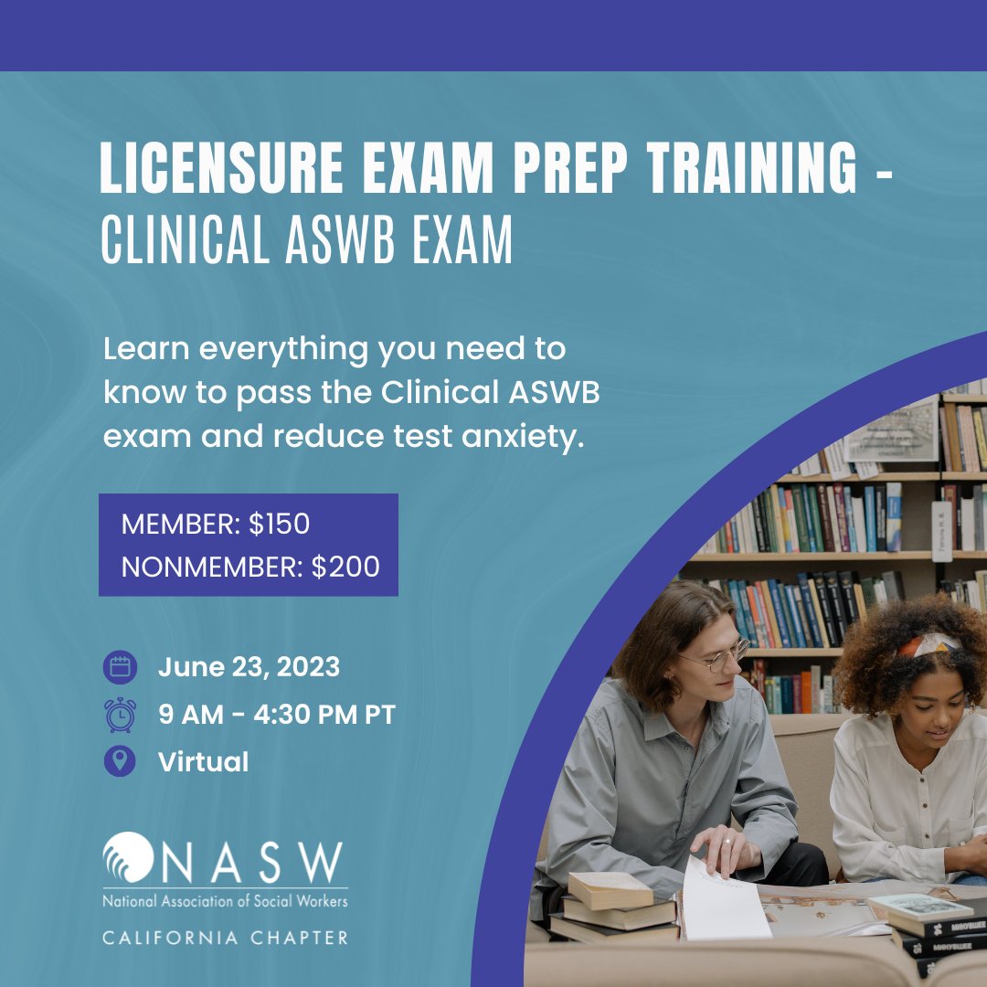 Is your Clinical ASWB exam coming up? Register by June 9 to access our live, one-day licensure exam training on Friday, June 23! From test-taking tips to full exam guides, NASW-CA is here to help you pass your ASWB exam.

✏️ Register: cvent.com/d/dlq6fy