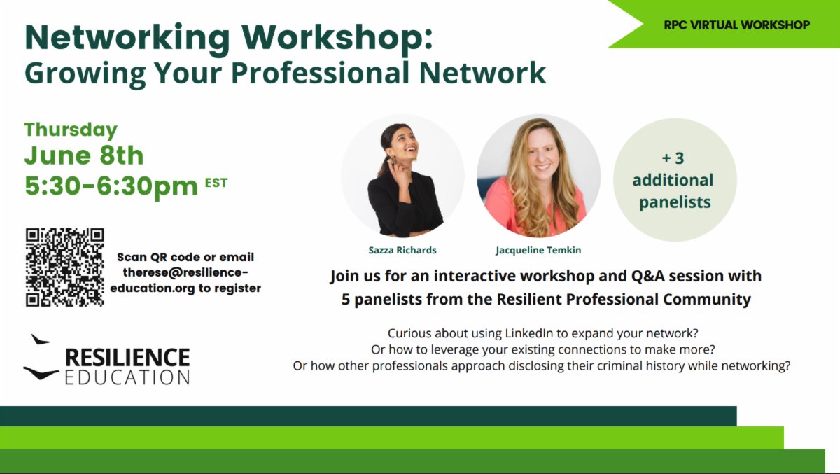 prison2pro's tweet image. 📣 Exciting news! 🚀 The Resilience Education extends 1-hour network session to the P2P network! 🌟

📅 Save the date: June 8th, 2023, 5:30 PM EST. 🗓️ 

🔥 Interested? Email therese@resilience-education.org to register &amp;amp; get Zoom link. 

#ResilienceEducation #NetworkingWorkshop