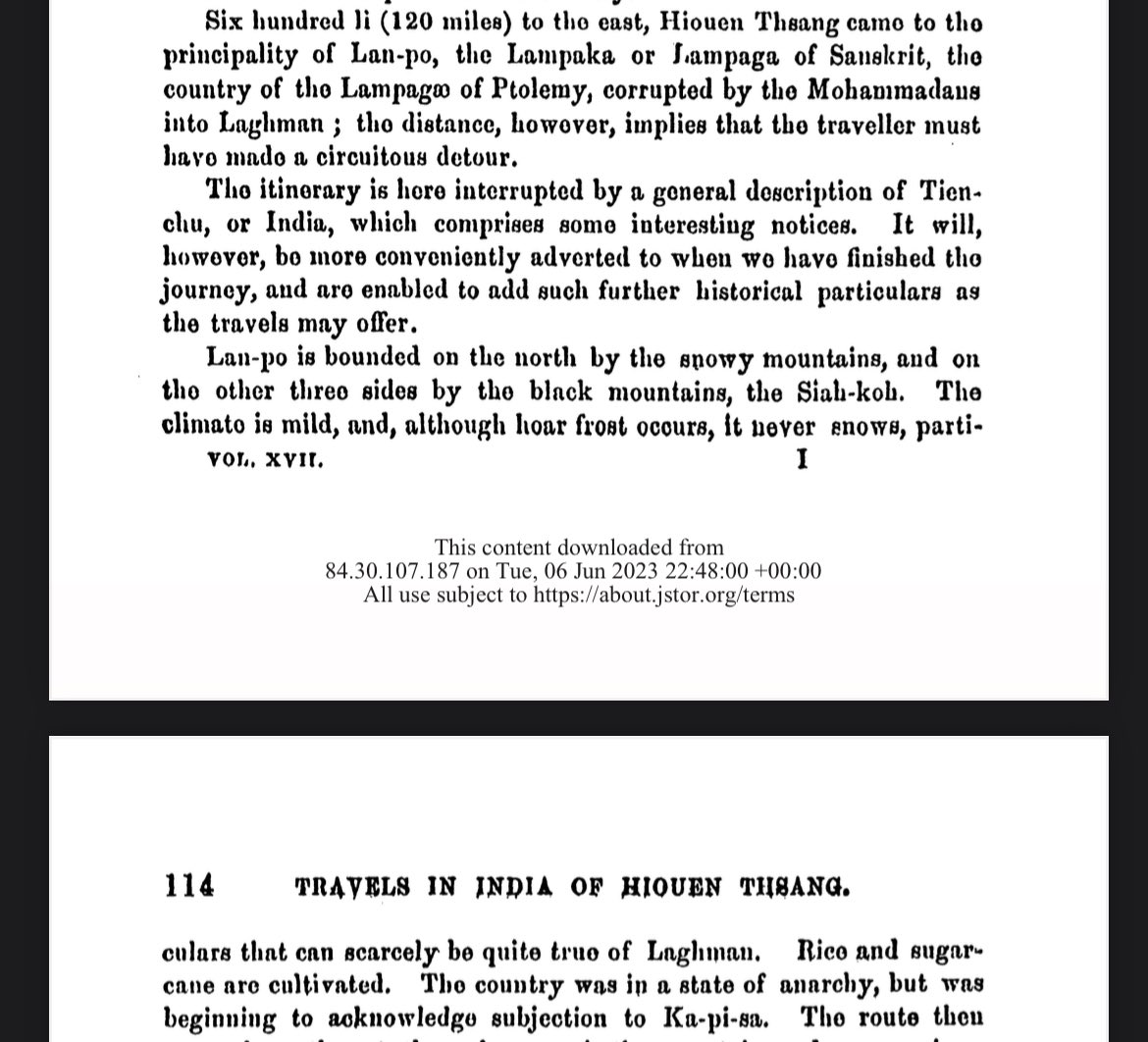 @Rhineland_2_0 @Barlaas_Afghan Here is the catch: The Indians in their Indian books describing the “Mlechhas” (non-Indians) called the country Lampaka in their Sanskrit. No native has ever called it Lampaka except the Indians (Marundas). The Chinese called Laghman: Lanpo or Lam-po such as Huen Tsang & Xuanzang