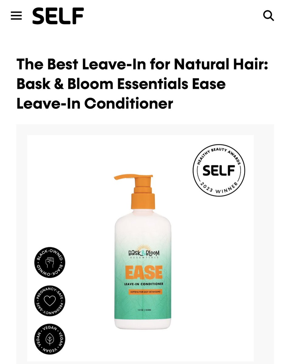 BaskAndBloomEss's tweet photo. And the 2023 award for “Best Leave In for Natural Hair” goes to…🥁🥁Our Ease Leave In Conditioner.🥳. 
We are thrilled to have one of our top selling products win a @SELFmagazine Healthy Beauty Award in the hair care category. https://t.co/7z2cBhRttQ