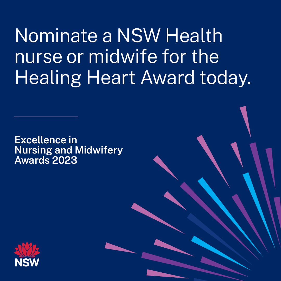 Remember the nurse or midwife whose compassion made your health journey easier? Say thanks by nominating them for the Healing Heart award in the state-wide Excellence in Nursing and Midwifery Awards.

Find out more and nominate now: health.nsw.gov.au/nursing/enma/p…

#EINMA2023