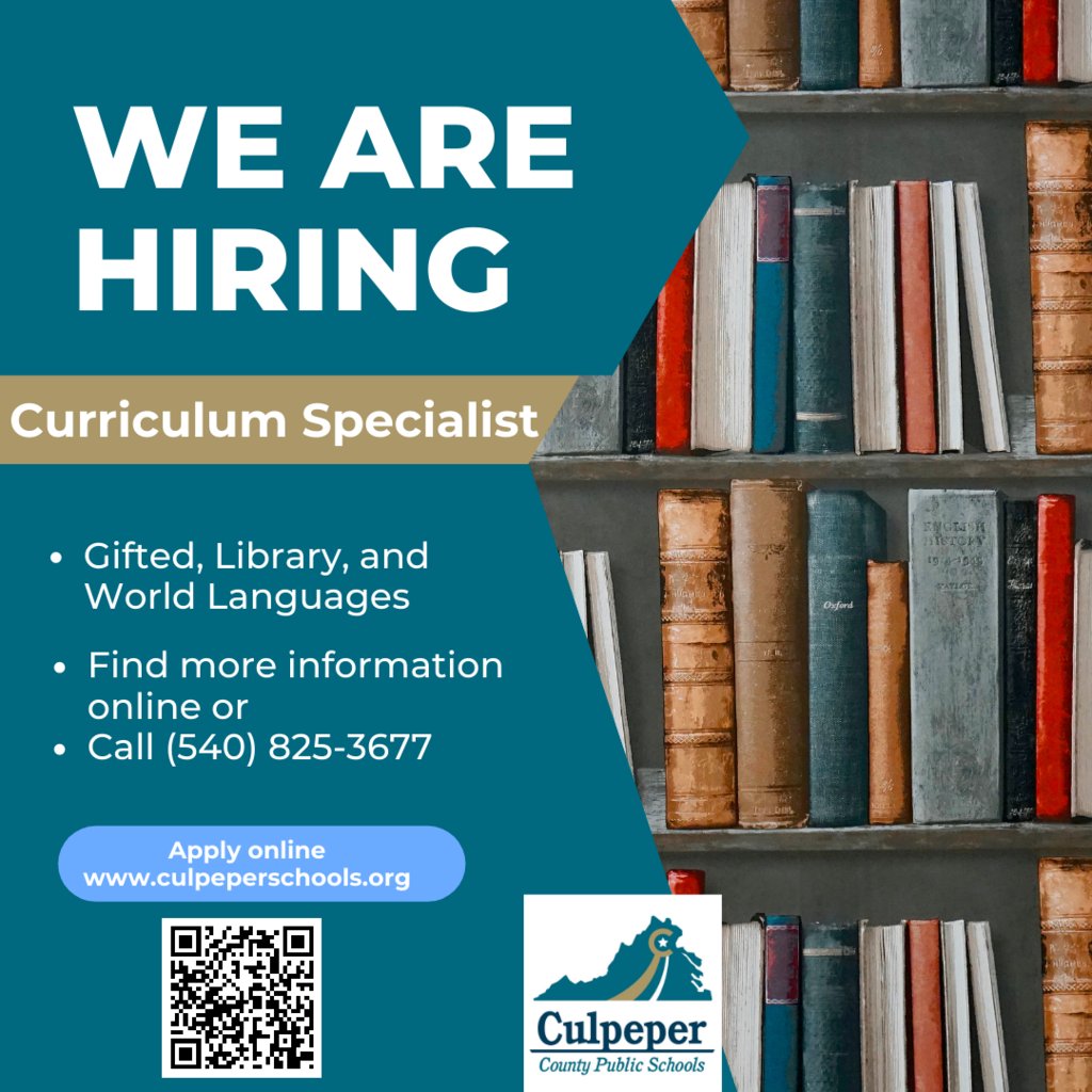 We are hiring a Curriculum Specialist for Gifted, Library, and World Languages! Find details online or call (540) 825-3677 and ask for the HR department. culpeperschools.tedk12.com/hire/ViewJob.a…