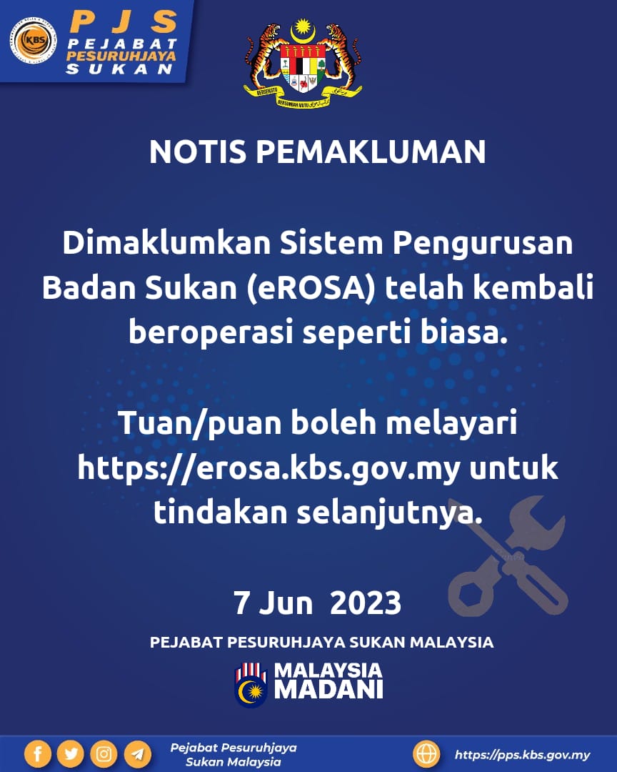 PejabatSukan's tweet photo. NOTIS PEMAKLUMAN
Dimaklumkan Sistem Pengurusan Badan Sukan (eROSA) telah kembali beroperasi seperti biasa. Tuan/puan boleh melayari https://t.co/667LosS65H untuk tindakan selanjutnya.
7 Jun 2023
Pejabat Pesuruhjaya Sukan Malaysia
#teampjs
#teamKBS
#MalaysiaMADANI https://t.co/nVGlY68rrz