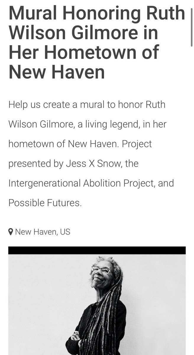 The spirit of Ruthie Gilmore is alive in New Haven, not just because she was raised here, but because New Haven believes in Ruthie’s vision for an abolitionist future. To honor this, New Haven will soon be home to a RUTH WILSON GILMORE MURAL — by @jessxsnow! Help make it happen…