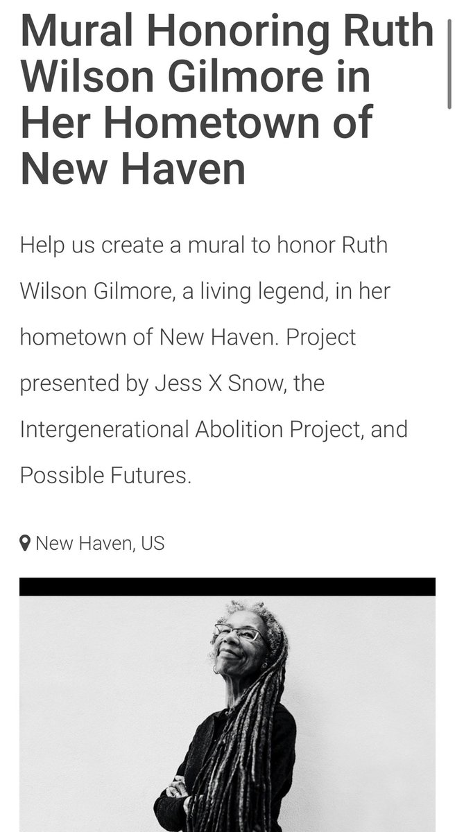 Nataliya Braginsky (@nataliyabrgnsky) on Twitter photo The spirit of Ruthie Gilmore is alive in New Haven, not just because she was raised here, but because New Haven believes in Ruthie’s vision for an abolitionist future. To honor this, New Haven will soon be home to a RUTH WILSON GILMORE MURAL — by <a href="/jessxsnow/">JESS X. SNOW</a>! Help make it happen… The spirit of Ruthie Gilmore is alive in New Haven, not just because she was raised here, but because New Haven believes in Ruthie’s vision for an abolitionist future. To honor this, New Haven will soon be home to a RUTH WILSON GILMORE MURAL — by <a href="/jessxsnow/">JESS X. SNOW</a>! Help make it happen…