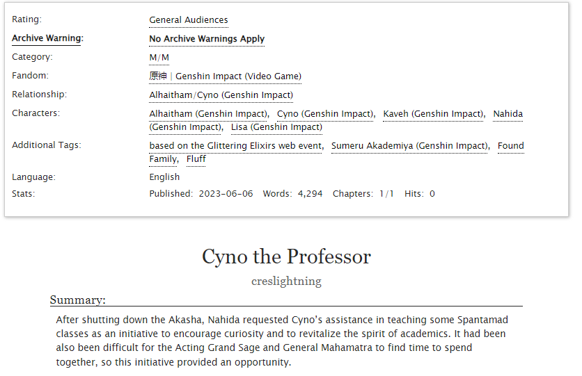 ⚡️ 'Cyno the Professor' ⚡️

A fic based on the Glittering Elixirs web event!
#cytham #haino 

archiveofourown.org/works/47702800