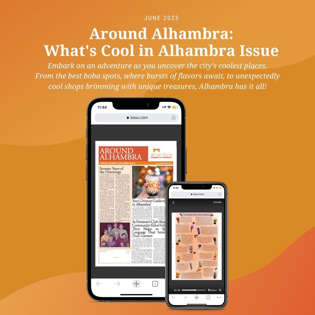 Around Alhambra June 2023 issue is here!

Embark on an adventure as you uncover the city's coolest places. From the best boba spots, where bursts of flavors await, to unexpectedly cool shops brimming with unique treasures, Alhambra has it all!

bit.ly/AroundAlhambra…