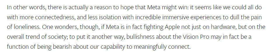 darrinlim's tweet photo. .@benthompson's take is as insightful as ever. Apple's headset is worlds ahead of Meta's, but Apple's 'vision' of the future is a lot lonelier.
https://t.co/nMMB0XlScg https://t.co/HndtbRiM8U