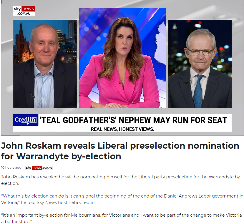 Peta Credlin believes she has picked a winner this time with the IPA's John Roskam running for Liberal Party pre-selection for the Warrandyte by-election. #WarrandyteVotes #springst
