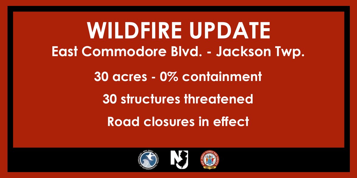 njdepforestfire's tweet photo. WILDFIRE UPDATE: East Commodore Blvd. - Jackson Twp., Ocean County

@njdepforestfire remains on scene of a wildland-urban interface wildfire burning in the area of East Commodore Boulevard and Cedar Swamp Road in Jackson Twp.

The wildfire is 30 acres in size and is 0% contained. https://t.co/Tsh7WLkoek