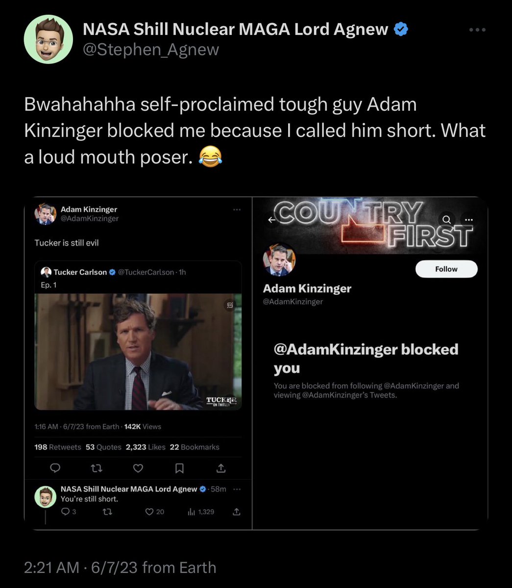 Chaser_Police's tweet photo. @AdamKinzinger Hehehhehe wannabe alpha male Adam blocked Lord Agnew because he hurt his tiny fweelings by calling him short. Massive little man syndrome vibes here. He talks tough against Trump and his voters, but cries to mamma after he’s teased. https://t.co/7pBPnyaUYw