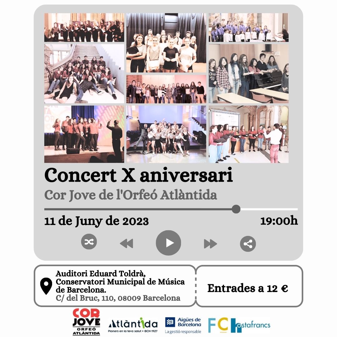 OrfeoAtlantida's tweet photo. El Cor Jove de l'Orfeó Atlàntida celebra el seu X aniversari!
Música clàssica, música catalana i musicals!
Diumenge 11 de juny a les 19h a l'Auditori Eduard Toldrà-Conservatori Barcelona. 
*VENDA D'ENTRADES EN AQUEST LINK*
https://t.co/xeqlisBU8g
#cor #music #barcelona #cantar https://t.co/BtnoD1mgwM