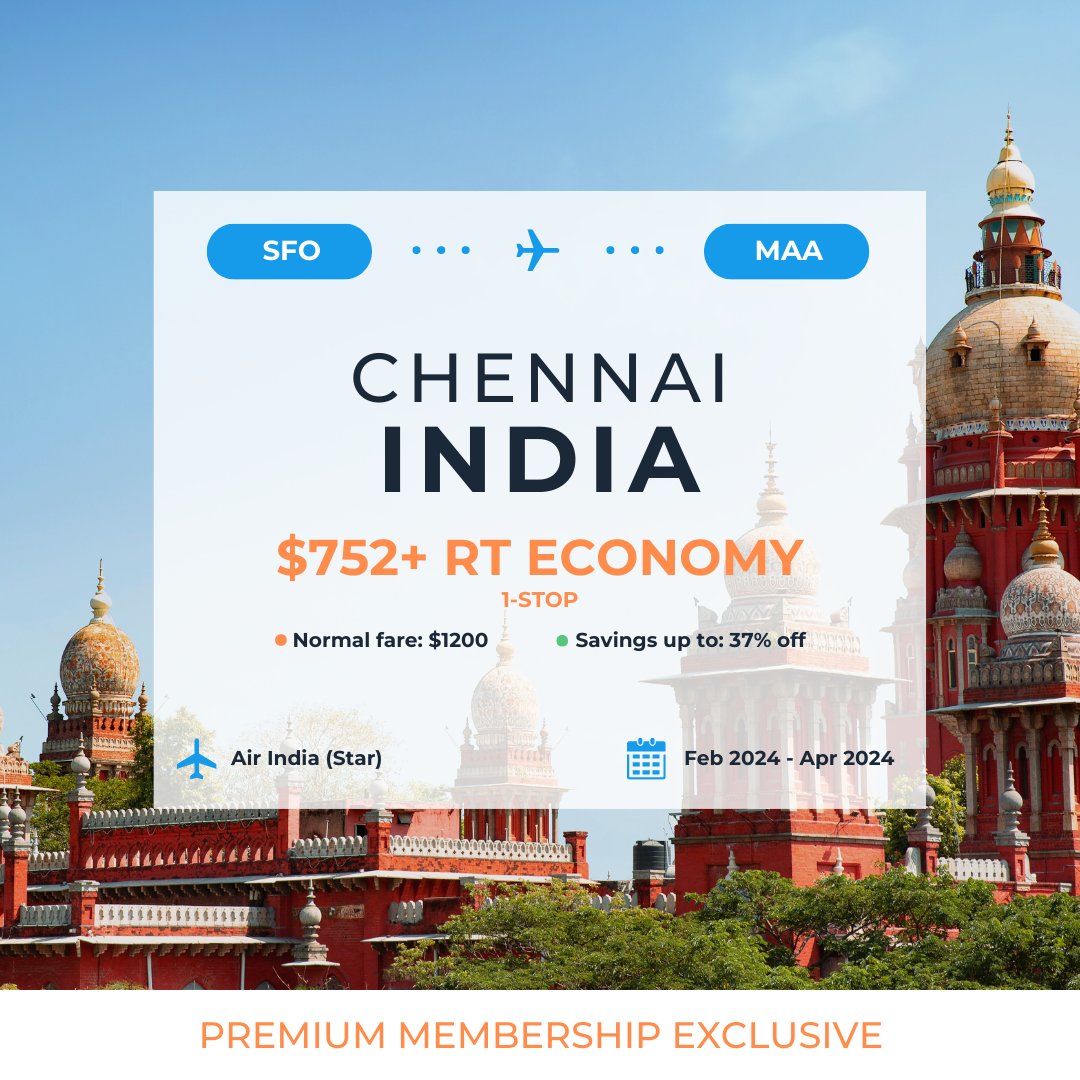 ✈️ San Francisco to Chennai, India - $752+ Round Trip Economy, 1-Stop (Feb 2024 - Apr 2024) ✈️

See the deal when you sign up for free at 👉 oneair.ai
🔗 Deal details: app.oneair.ai/app/deals/deta…

#airfare #travel #chennai #india #sanfrancisco #cheapflights