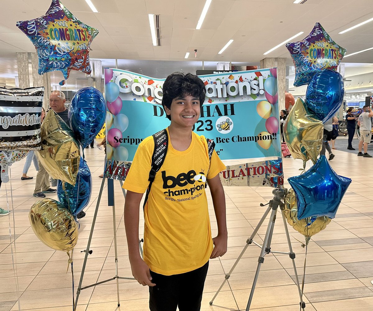 C-H-A-M-P-I-O-N: Join us in congratulating and welcoming home Dev Shah, a 14-year-old from Largo who recently won the 2023 National Spelling Bee! Dev is the first winner from Florida since 1999. Congrats, Dev!