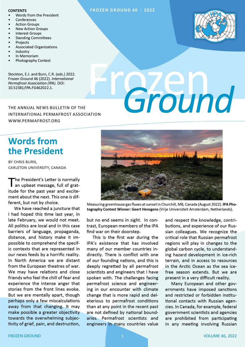 International Permafrost Association (@ipapermafrost) on Twitter photo ⭐ Frozen Ground 46 (2022) ⭐ is now available and includes over 40 pages of updates on permafrost activities around the world!
Please share so that we may commend 🤝 the important work conducted by and for the international permafrost community!
permafrost.org/newsitem/read-… ⭐ Frozen Ground 46 (2022) ⭐ is now available and includes over 40 pages of updates on permafrost activities around the world!
Please share so that we may commend 🤝 the important work conducted by and for the international permafrost community!
permafrost.org/newsitem/read-…