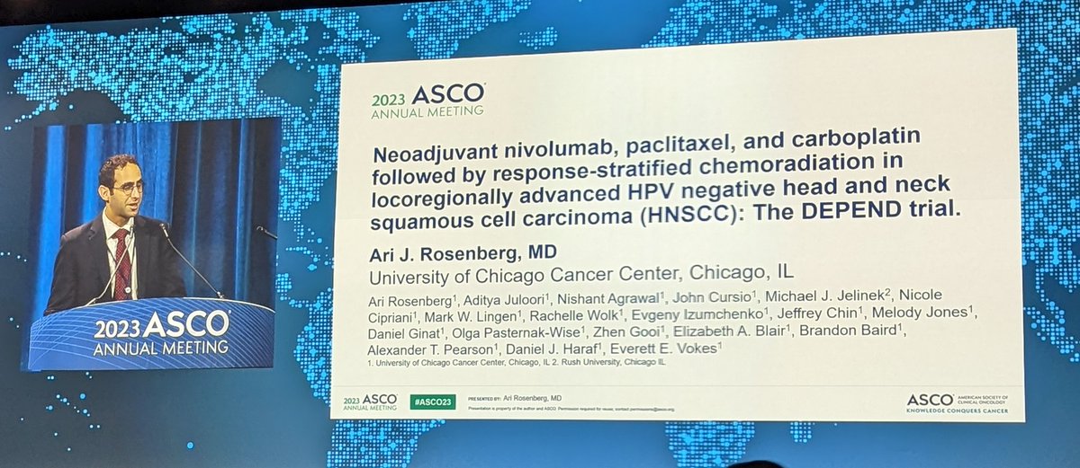 lab_pearson's tweet photo. Really excited about these #asco23 results from @AriRosenbergMD @UCCancerCenter @UChicagoOHNS @UChicagoRadonc. #neoadjuvant #ChemoIO selection in #hnscc empowers better tolerance and encouraging outcomes. https://t.co/uAviix31JT