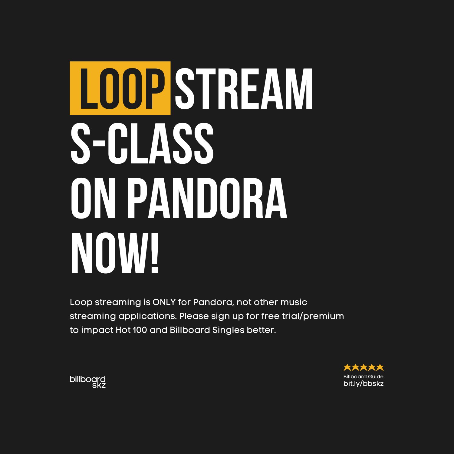 billboard SKZ on Twitter: "📣 🇺🇸🇵🇷 LOOP STREAM S-CLASS ON PANDORA NOW  Loop #S_CLASS until the tracking ends (last 2 days)! There were cases  before where songs not predicted to debut on