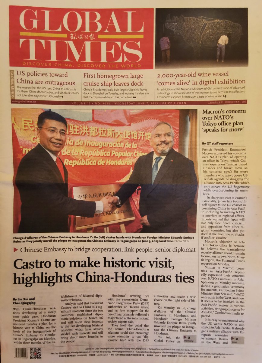 Global Times 🇨🇳 reportó en lugar destacado la apertura oficial de la  Embajada china🇨🇳 en Honduras🇭🇳 y la esperada Visita de Estado de la  Pta🇭🇳 @XiomaraCastroZ a China🇨🇳. 环球时报英文版头版头条报道中国🇨🇳驻洪都拉斯🇭🇳使馆开馆和洪都拉斯  ...
