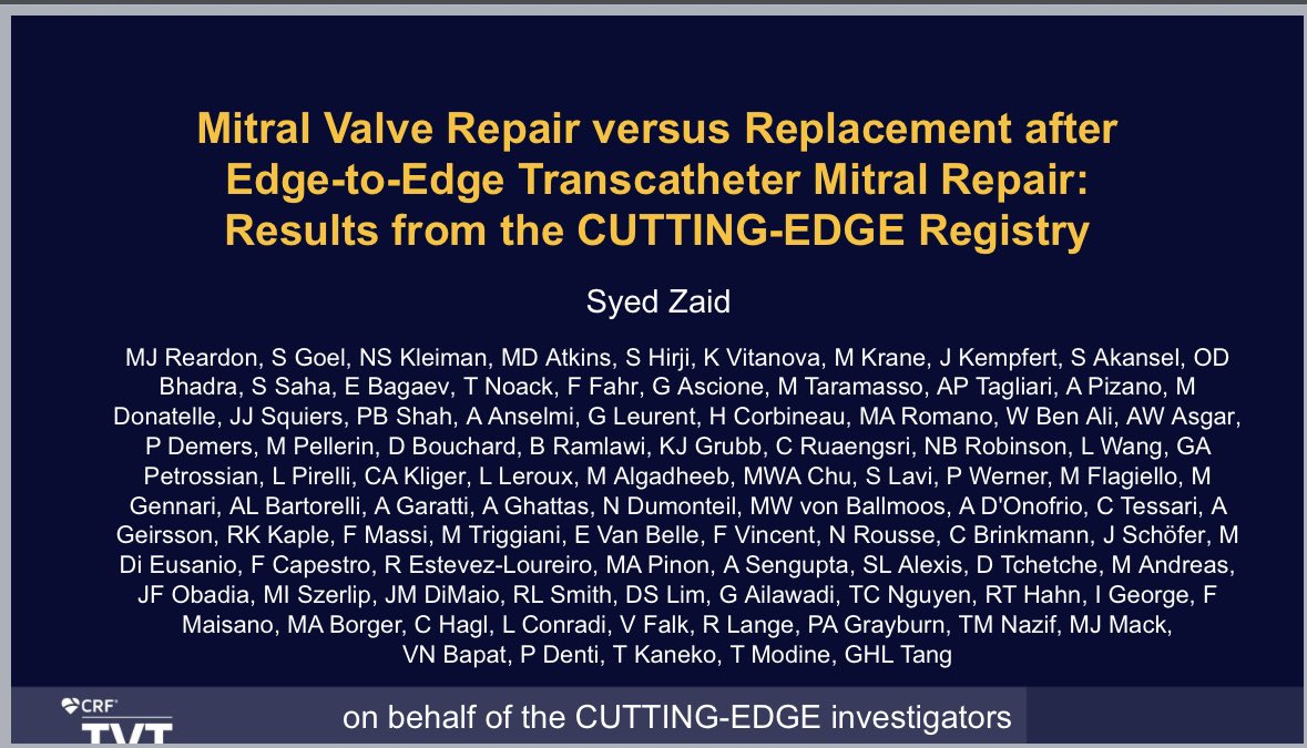 GilbertTangMD's tweet photo. Join us at 11:45am on Thu 6/8 #LBCS #TVT2023 with my mentee #DrSyedZaid presenting MV repair vs replacement in CUTTING-EDGE registry post failed #TEER! @TsuyoshiKaneko1 @G_Tarantini01 @jamiemccabeMD @GAilawadiMD @hahn_rt @SachinGoelMD @igeorge1975 @vonBardelebenRS @drnvanmieghem https://t.co/YUd1YsywWV