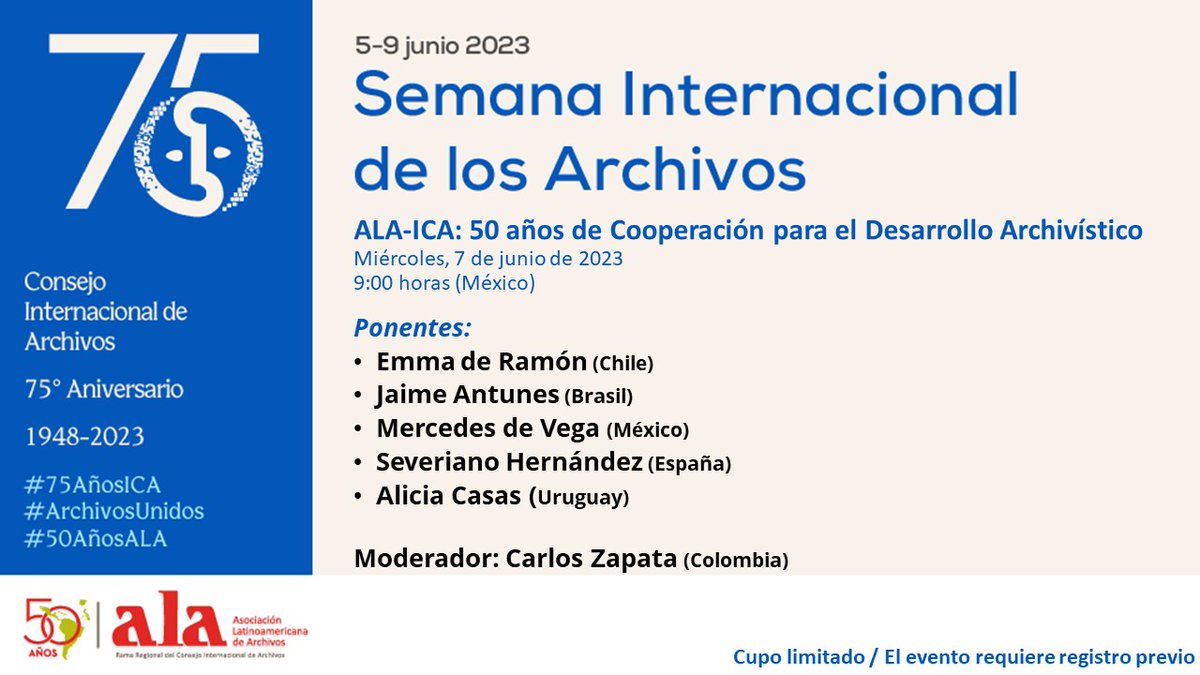 ALAArchivos's tweet photo. 📣Para conmemorar la Semana Internacional de los Archivos te invitamos HOY a participar en el seminario "ALA-ICA: 50 años de Cooperación para el Desarrollo Archivístico". #ArchivosUnidos #75AñosICA #50AñosALA

📅Hoy miércoles, 7 de junio 
⏰9:00 horas (México)
Facebook ALA https://t.co/rghxgkNdrT