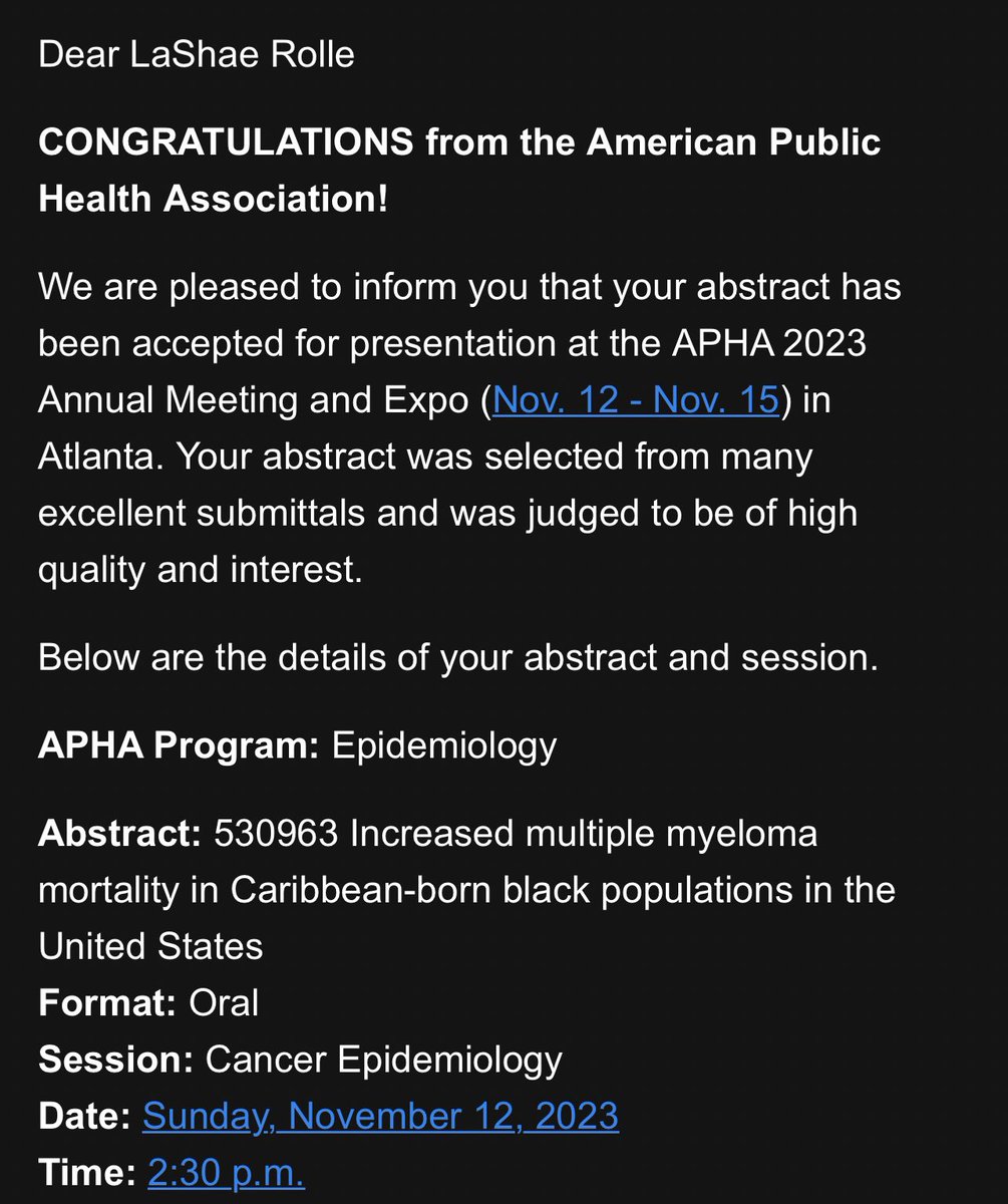 I am elated to announce that I have been selected to deliver an oral presentation at APHA 2023 in Atlanta, GA. I am grateful for the opportunity to engage with leaders and peers in public health, and contribute to the conversations at this event! #PublicHealth #APHA2023
