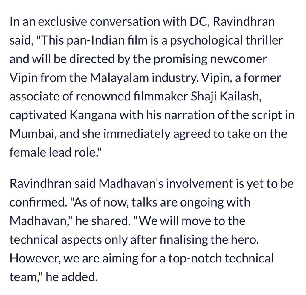 NehalTndl's tweet photo. Producer #Ravindhran has revealed that #KanganaRanaut has agreed to play the female lead in a psychological thriller. The film is to be helmed by a newcomer from the Malayalam industry and for the male lead talks are on with #RMadhavan
#KanganaRanaut𓃵 #RMadhavan𓃵
#Kangana https://t.co/gqPMzdwABi